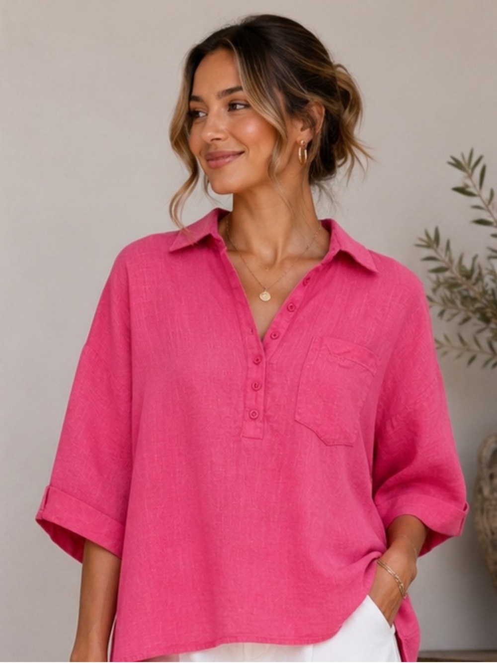ANDREE BY UNIT Cotton Vibrant Pink Gauzy Oversized Button-Henley Blouse